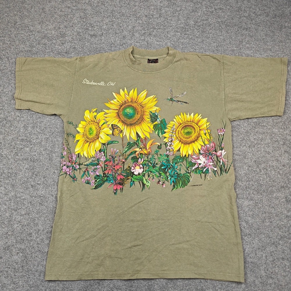 Vintage Habitat Shirt Mens Large Green Sunflower Floral Nature Graphic Tee 90s